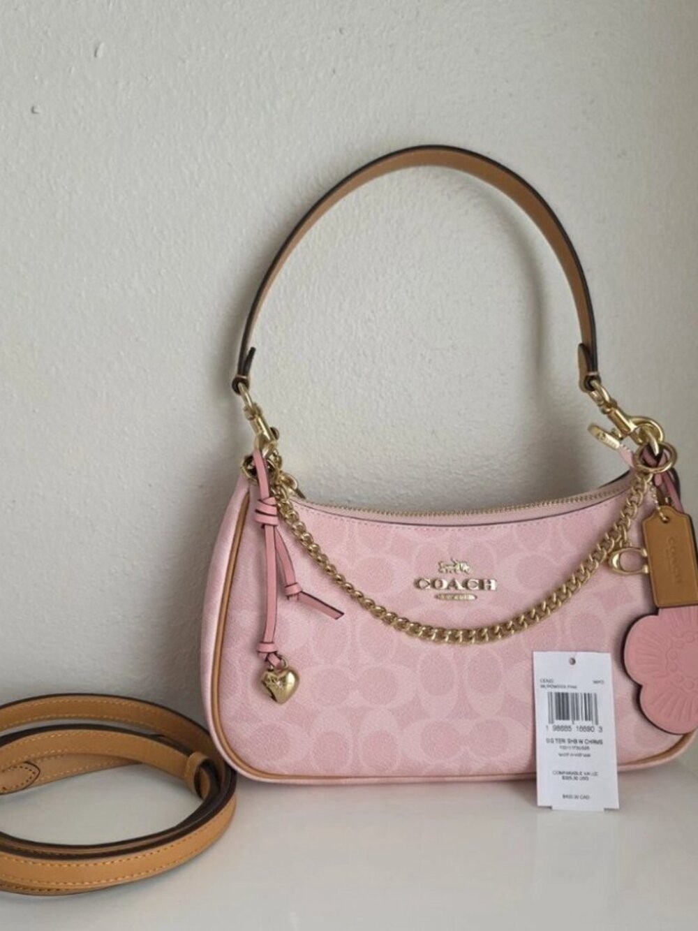 Coach Teri Shoulder Bag Signature Canvas With Charms Gold/Powder Pink CEA20